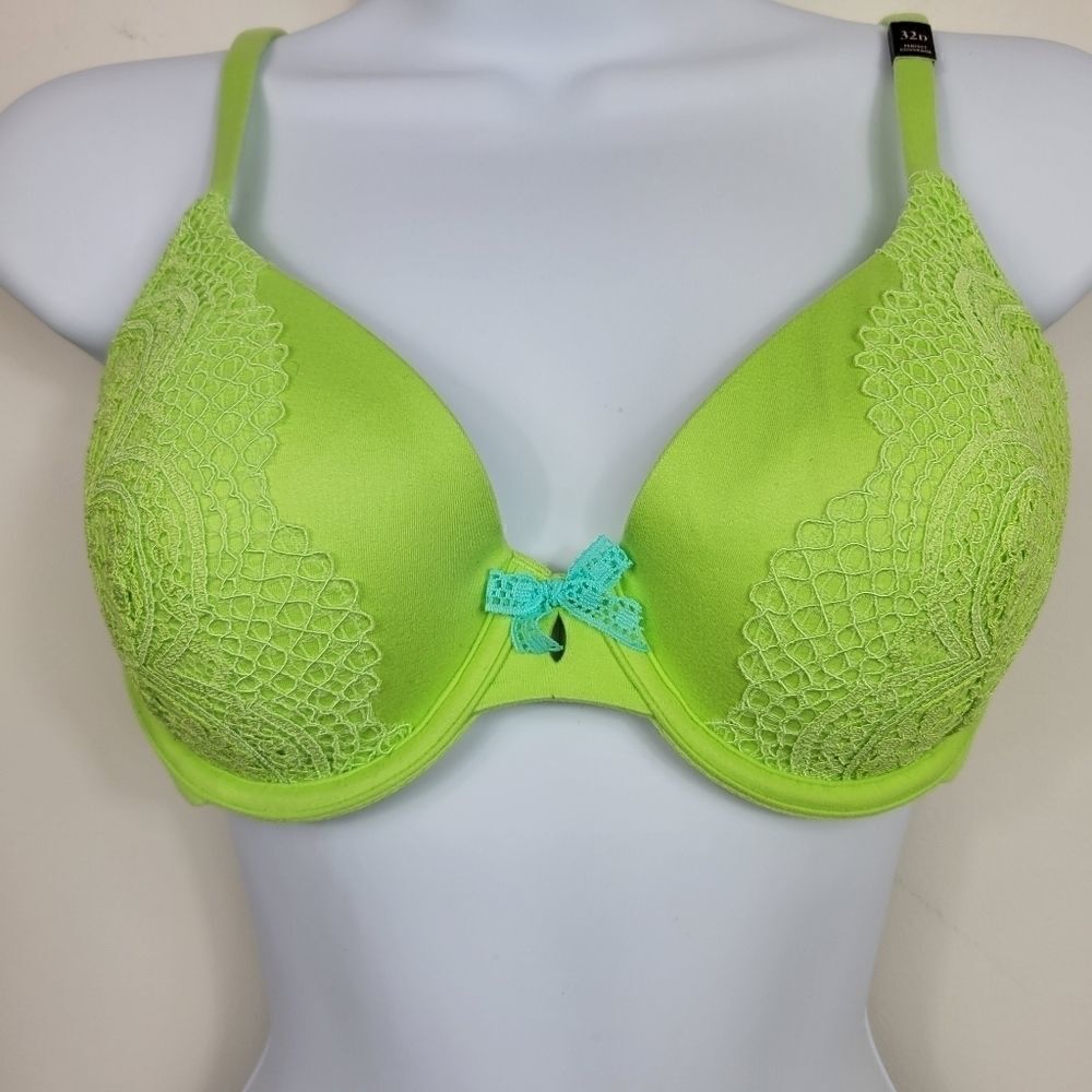NWT Victoria’s Secret Push Up Lace Bra – Neon Green Blue Bow 32D - Picture 3 of 11